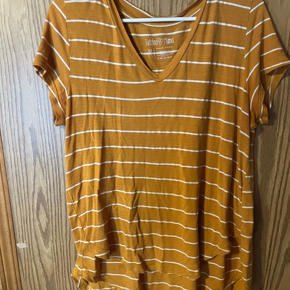 Latched Mama Nursing Striped Short Sleeve Top - Mustard and White